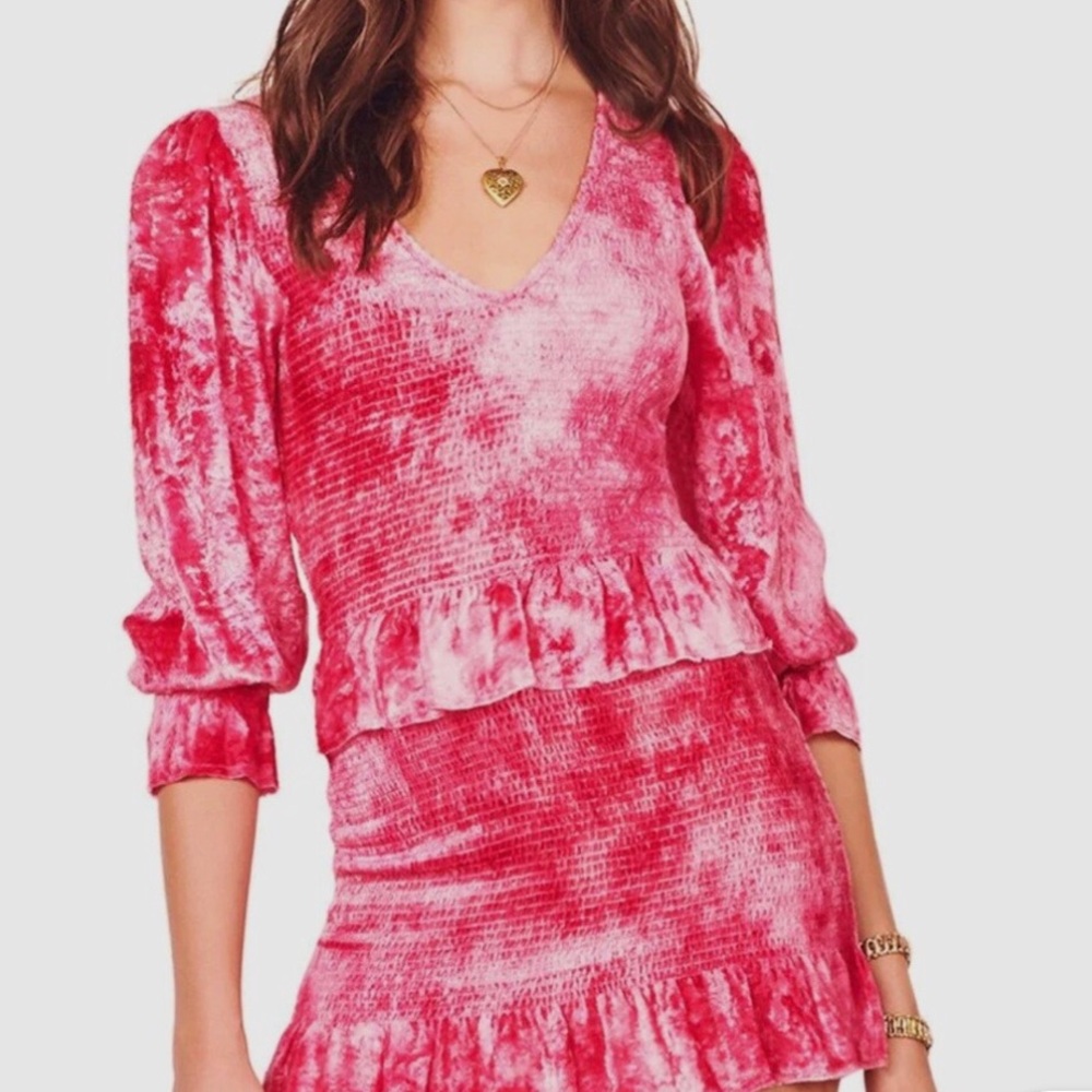 LoveShackFancy Evan Pink Tie-Dye Crushed Velvet Mini Dress